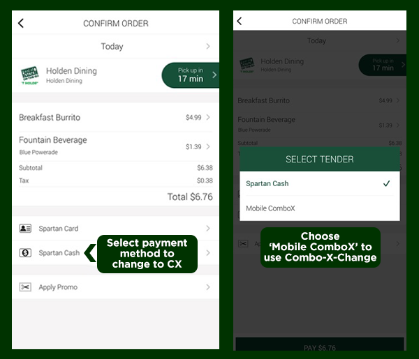 Mobile app payment instructions for Combo-X-Change